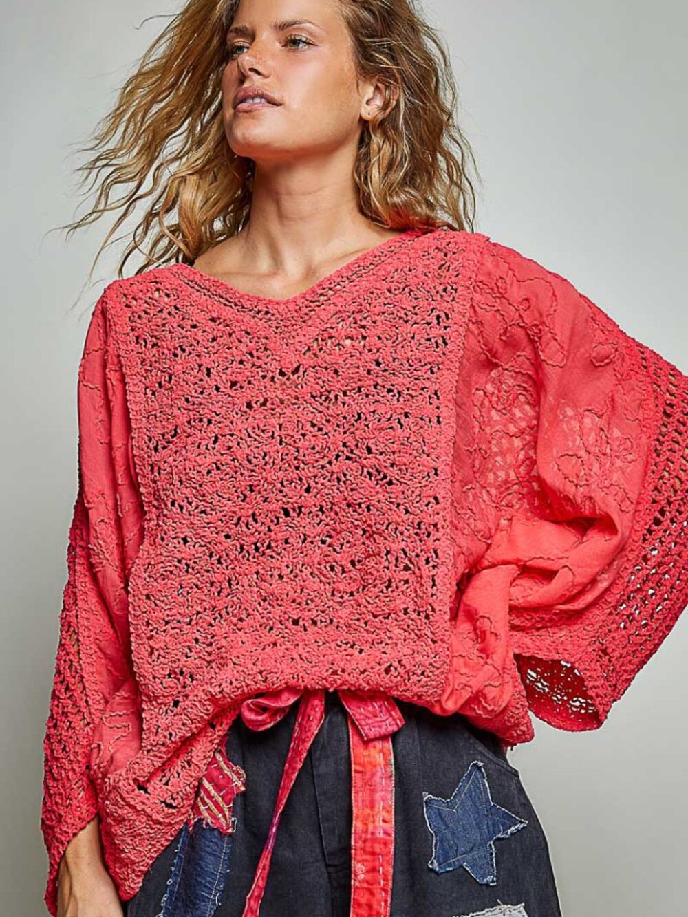 POL Apple Red Crochet Knit V-Neck Top with Embroidered Sheer Sleeves